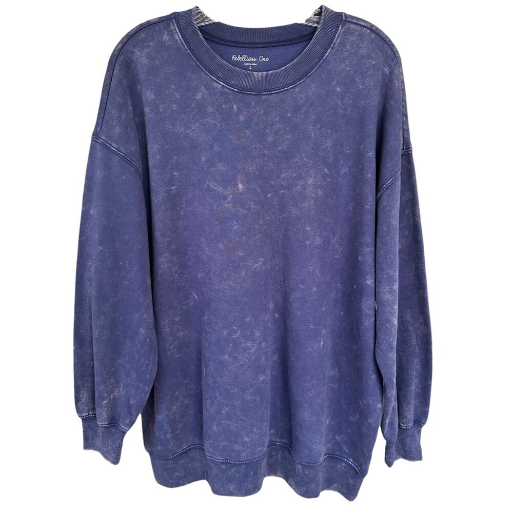 Rebellious One Women's Mineral Wash Sweatshirt Long Sleeve Pullover Size L Navy